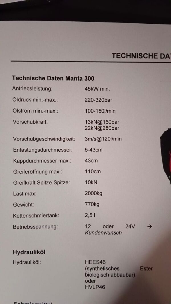 Technical specifications sheet for the Manta 300 machine showcasing various measurements and operational limits.