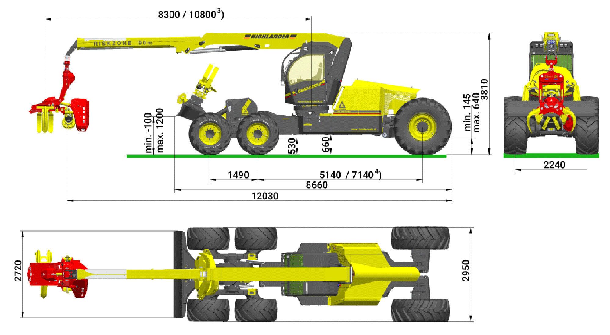 Detailed diagram showing the dimensions of a machine with labels and measurements