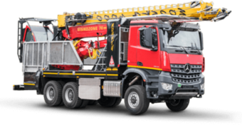 Image of a red and yellow rope equipment truck with crane arm