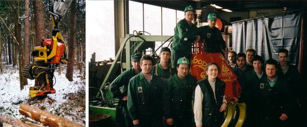 Forestry machinery with a team of workers in a workshop
