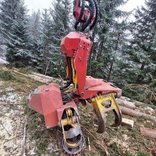 A red logging machine in action among conifer trees and logs on the forest floor
