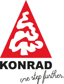 Konrad logo featuring a red triangle with a white abstract pattern and the slogan 'one step further' underneath.