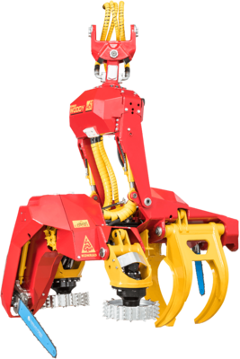 Close-up of a harvester head used in forestry