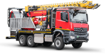 Image of a red and yellow rope equipment truck with crane arm